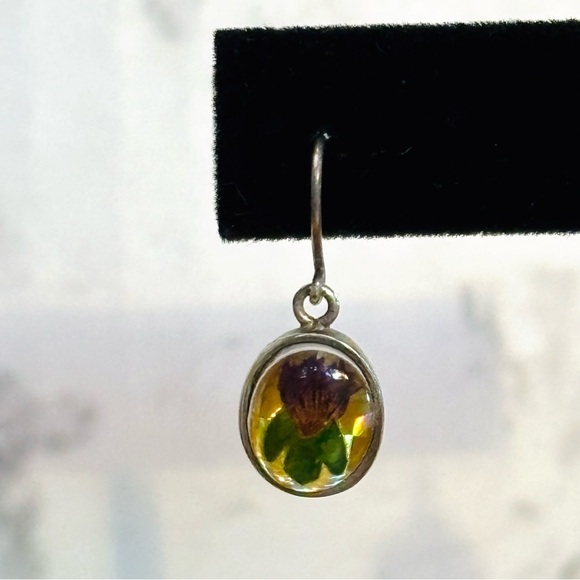 Vintage Sterling Silver 925 Preserved Flower Dangly Earrings - Picture 2 of 7